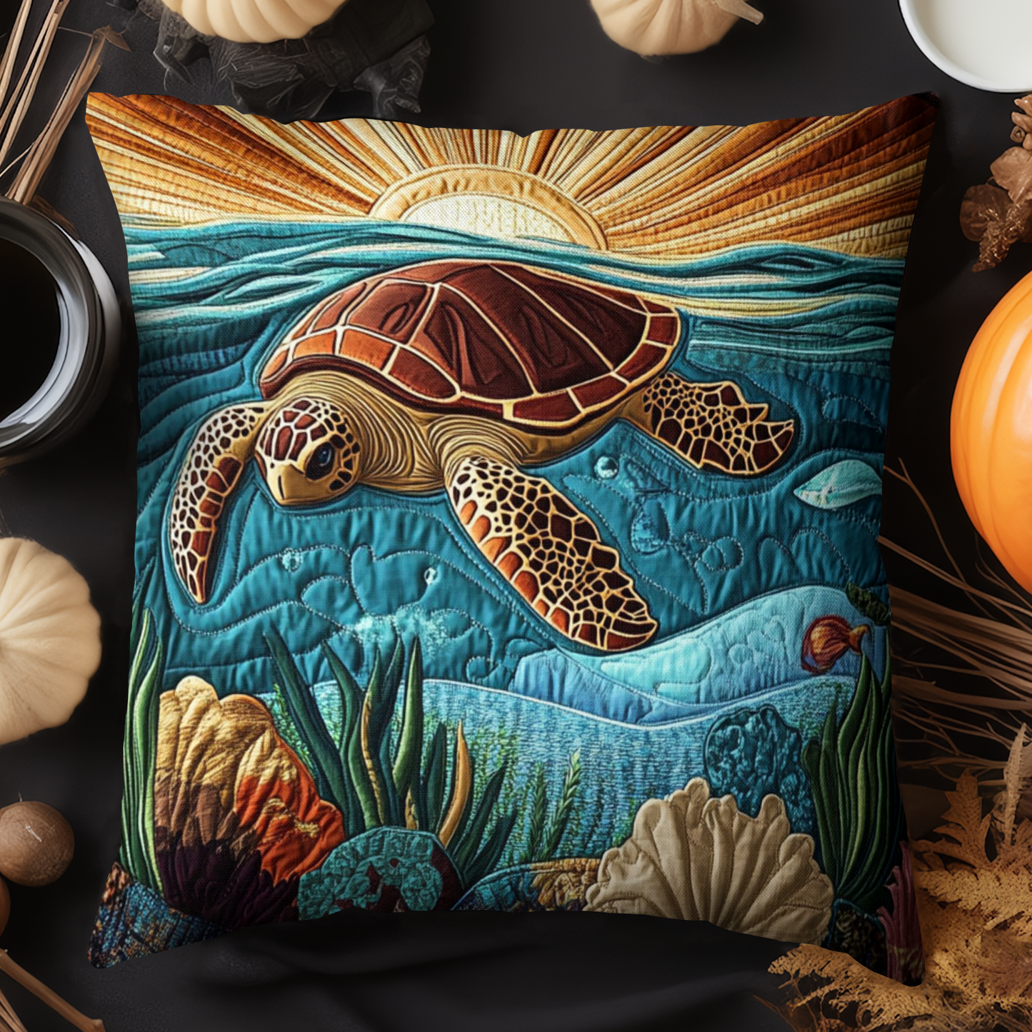 Blue Lagoon Turtle Quilted Pillow Case NCU0NT4068