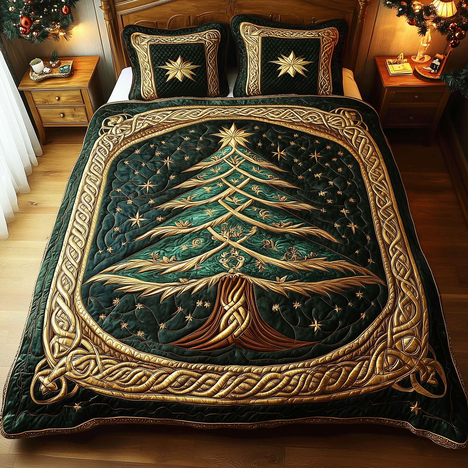 Golden Christmas 3-Piece Quilted Bedding Set NCU0TH1636