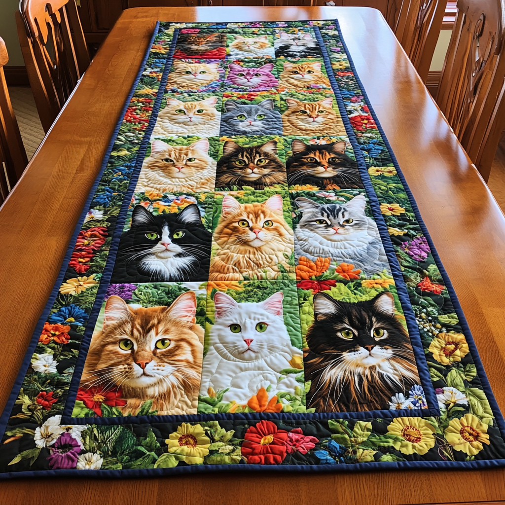 Colorful Cat Peeking Quilted Table Runner NCU0PD445