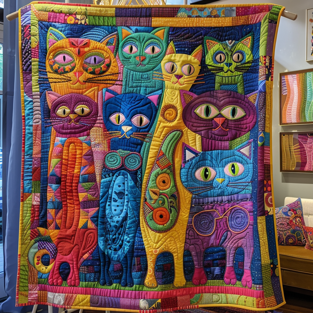Colorful Cats and Flowers Quilted Blanket NCU0PD245