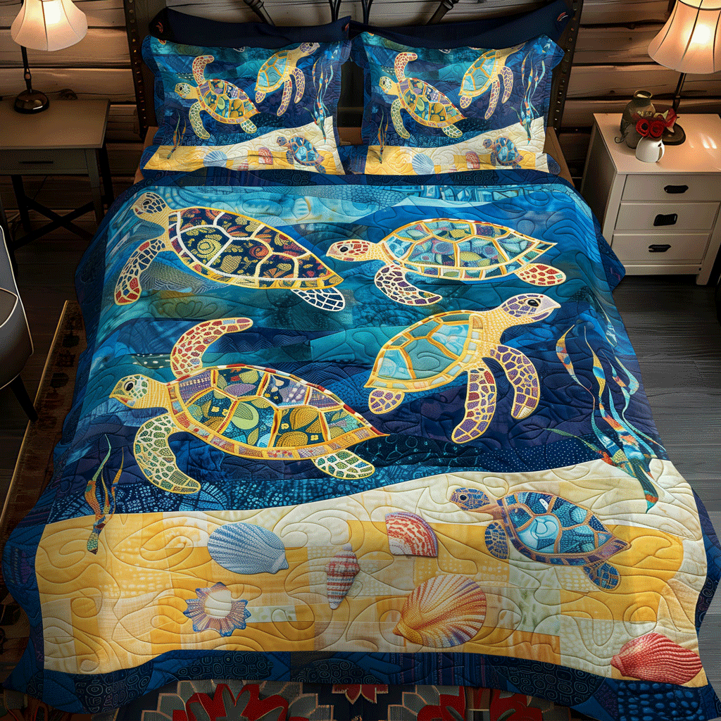 Colorful Turtle Expedition 3-Piece Quilted Bedding Set NCU0TH1354