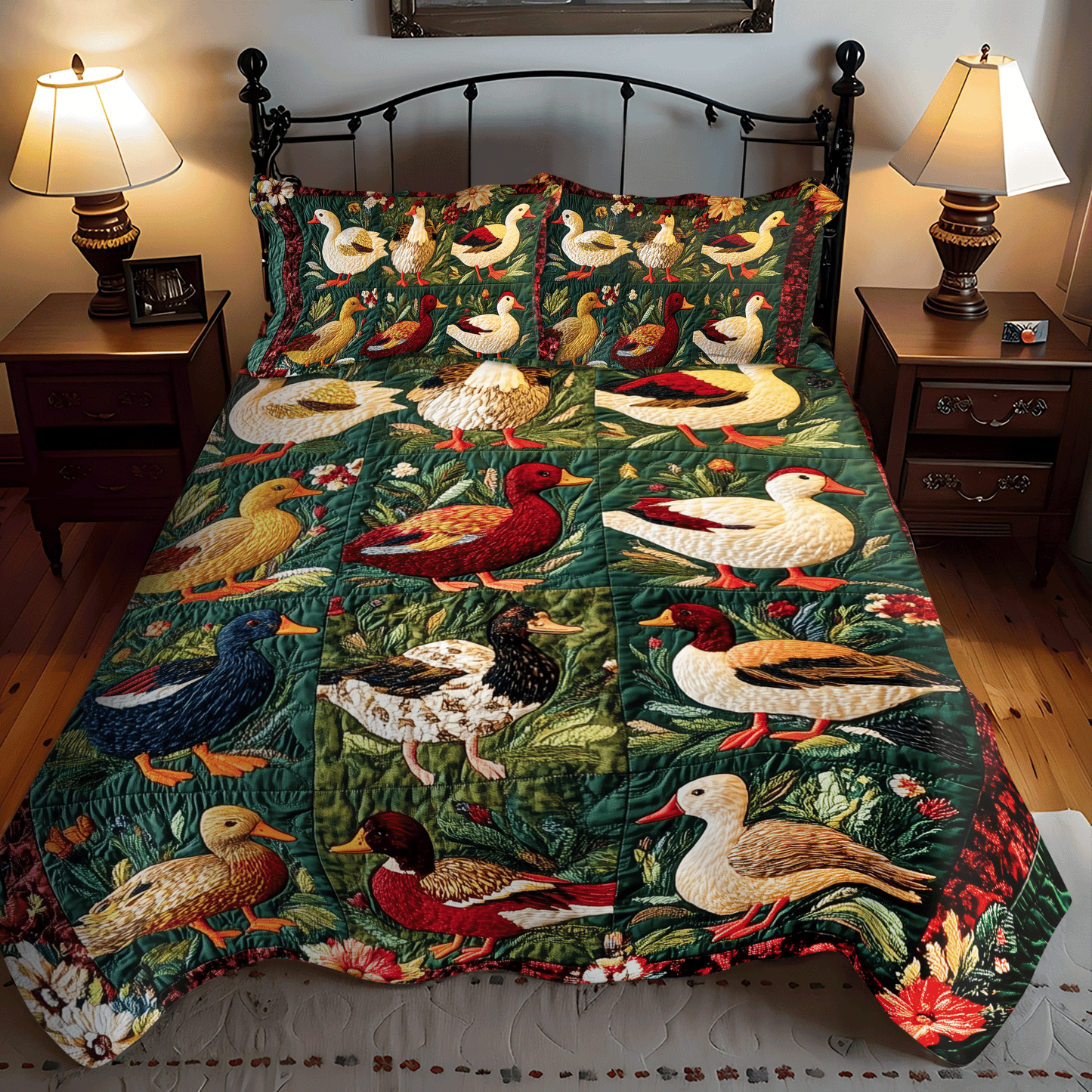Crimson Duck Garden 3-Piece 3-Piece Quilted Bedding Set NCU0DV398