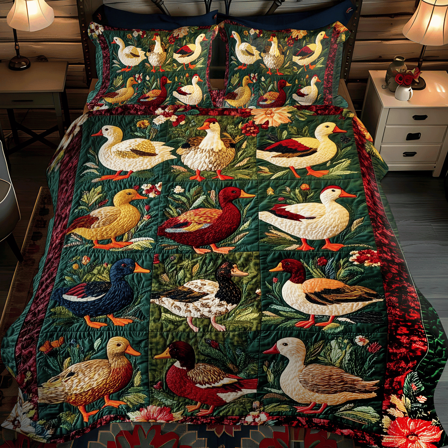 Crimson Duck Garden 3-Piece 3-Piece Quilted Bedding Set NCU0DV398