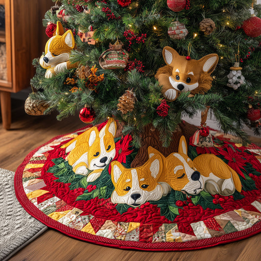 Festive Corgi Snuggle Christmas Quilted Tree Skirt NCU0TH3648