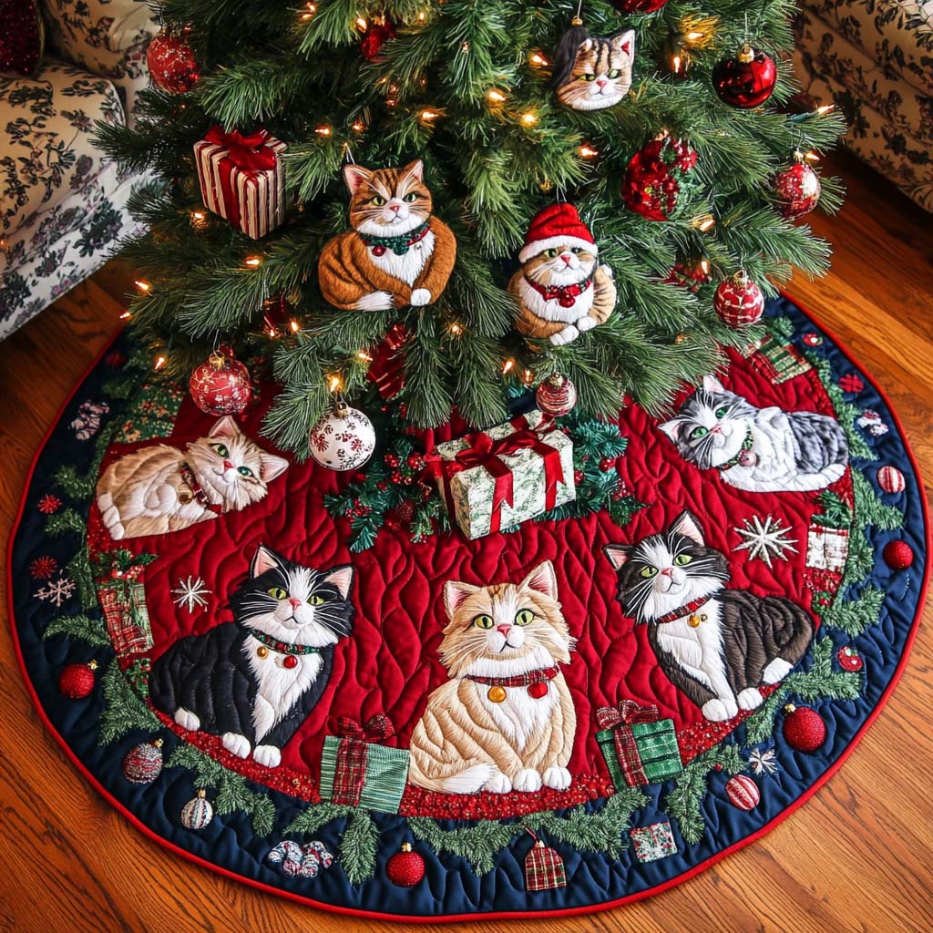 Festive Felines Christmas Quilted Tree Skirt NCU0NT1752 – Vantique