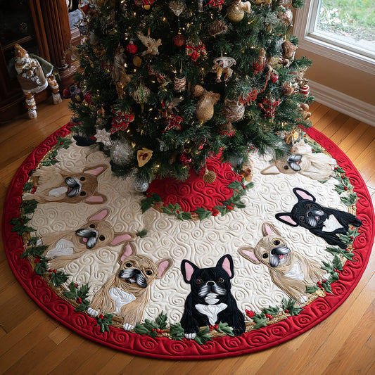 Festive Frenchie Cheer Quilted Christmas Tree Skirt NCU0DV7967