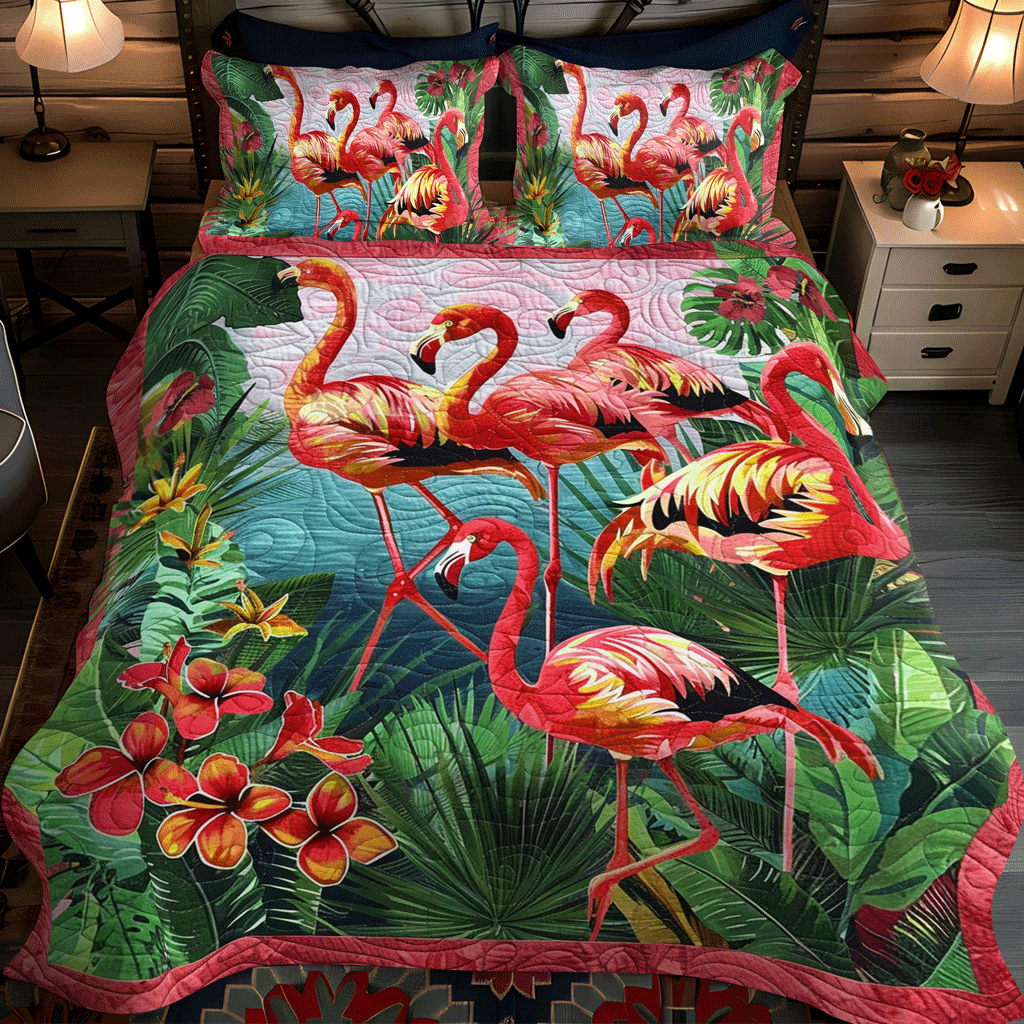 Flamingo Pattern 3-Piece Quilted Bedding Set NCU0PD509
