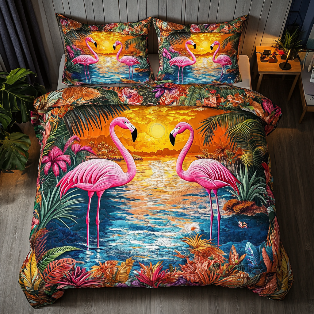 Flamingo Paradise 3-Piece Quilted Bedding Set NCU0DK8381