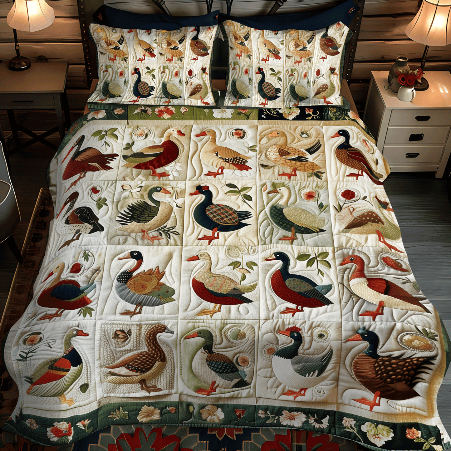 Floral Duck 3-Piece 3-Piece Quilted Bedding Set NCU0DV403