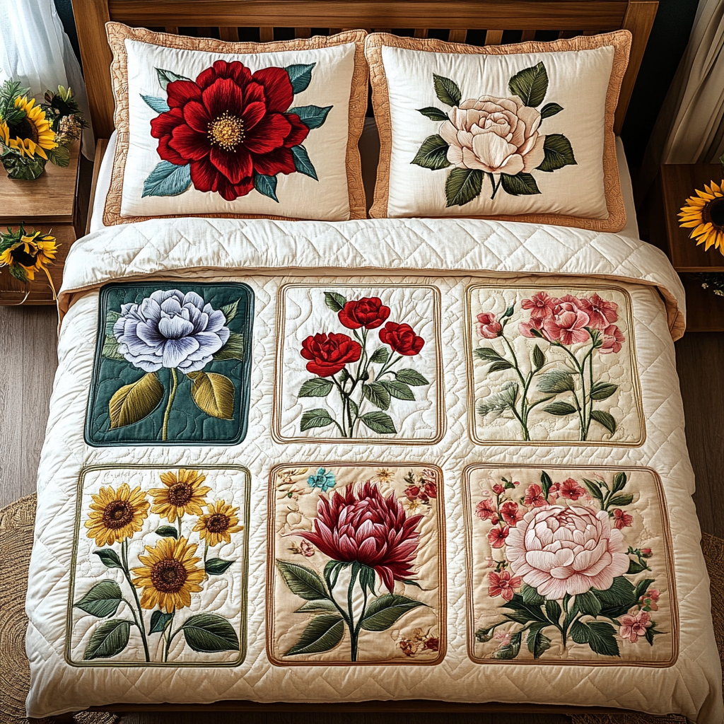 Lively Flowers 3-Piece Quilted Bedding Set NCU0VL386