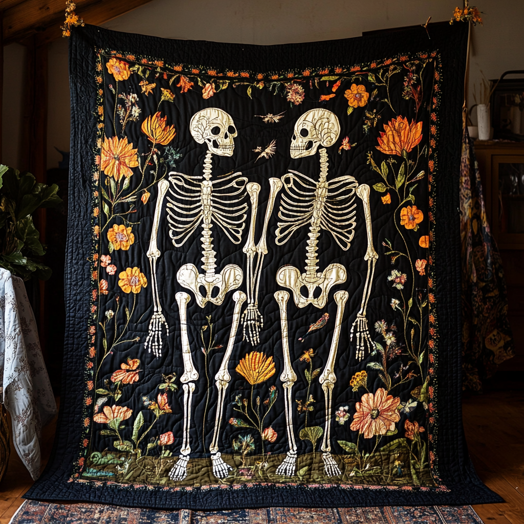Floral Skeleton Halloween Quilted Blanket NCU0PD401