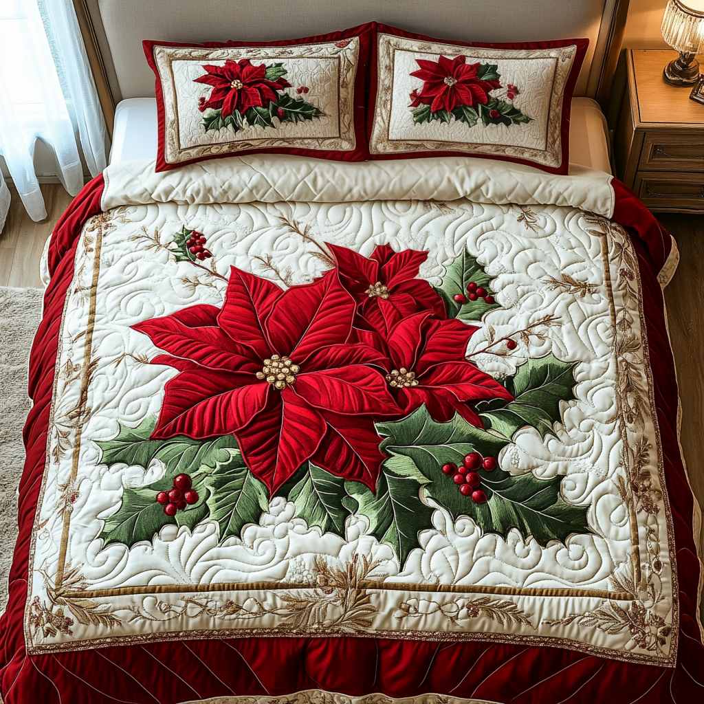 Frosted Poinsettia 3-Piece Quilted Bedding Set NCU0DV1808