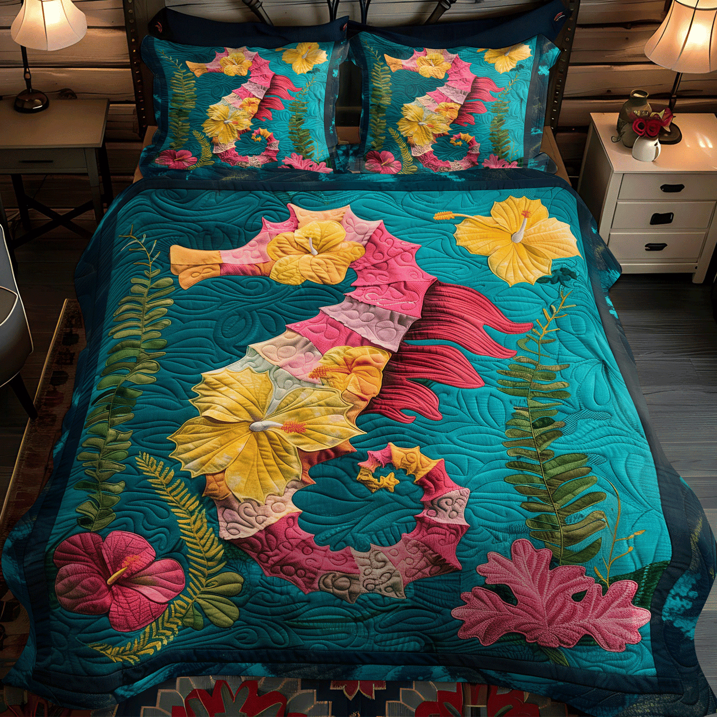 Hibiscus Seahorse 3-Piece Quilted Bedding Set NCU0TH1271