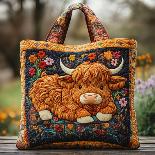 Highland Cow Haven Quilted Tote Bag NCU0DK9352