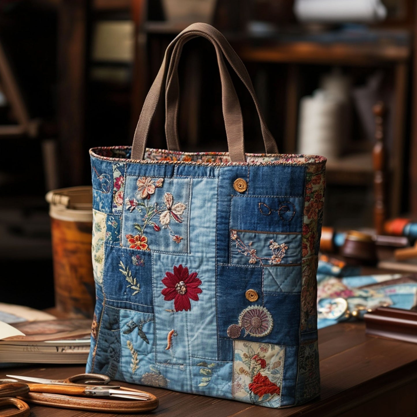 Indigo Flowers Quilted Tote Bag NCU0PT7909