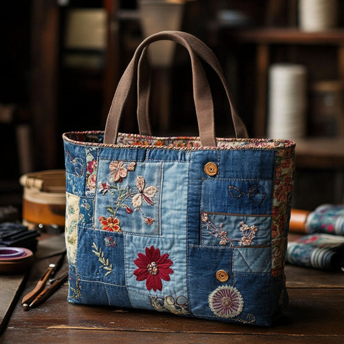 Indigo Flowers Quilted Tote Bag NCU0PT7909