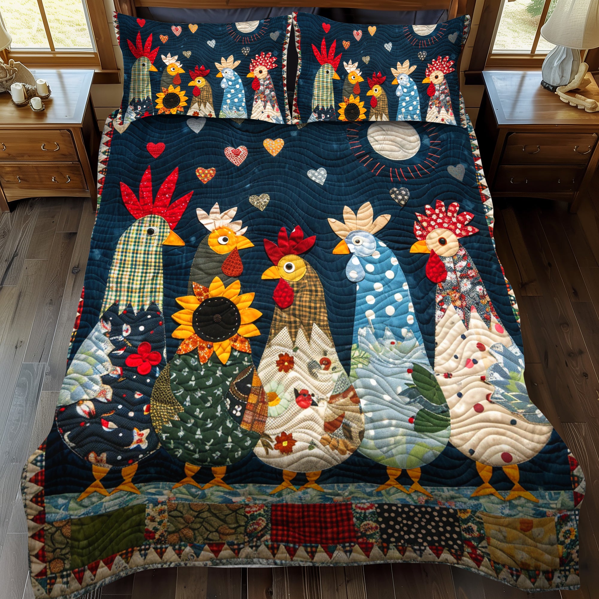 Moonlit Roosters 3-Piece Quilted Bedding Set NCU0TH856 – Vantique