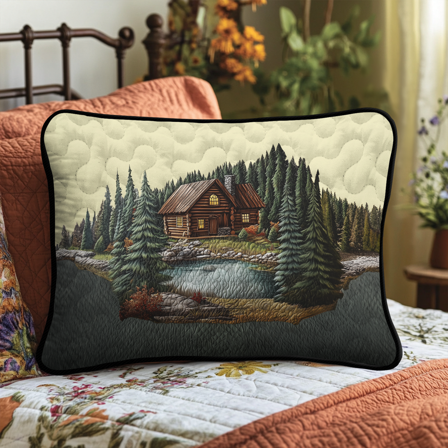 Mountain Log Cabin Quilted Bedding Pillow Case NCU0DK3739
