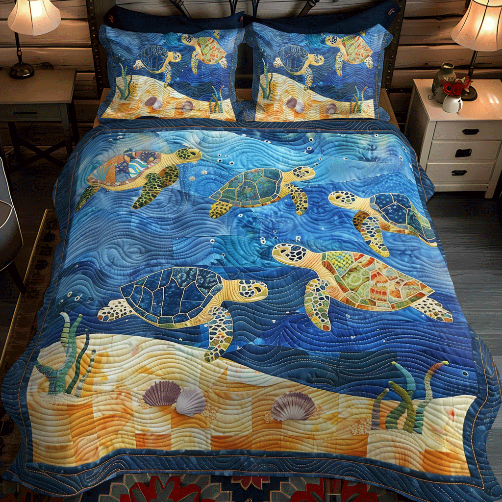 Oceanic Turtle Dance 3-Piece Quilted Bedding Set NCU0TH1346