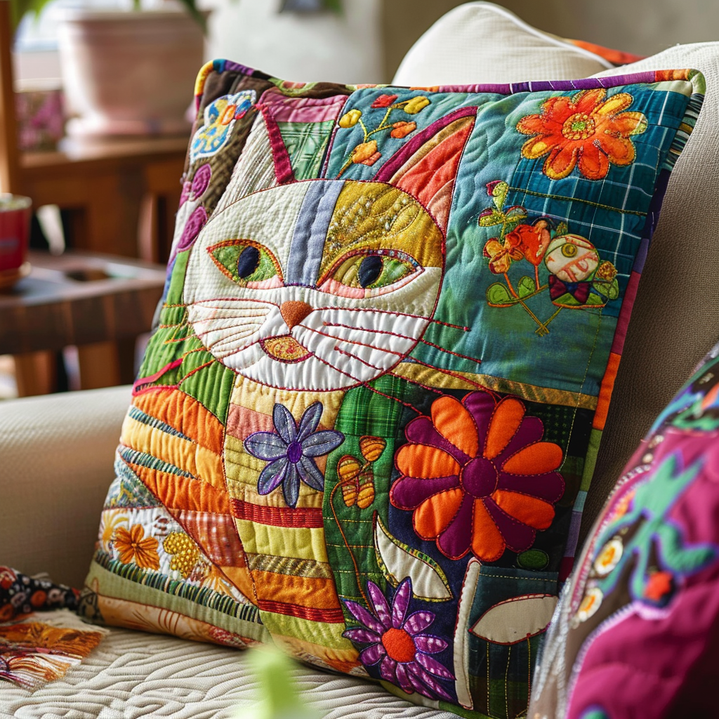 Playful Floral Cats Quilted Pillow Case NCU0PD352