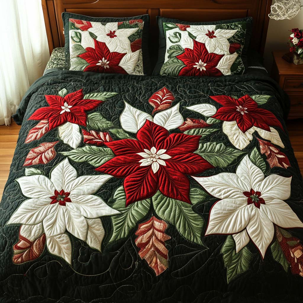 Poinsettia Bliss 3-Piece Quilted Bedding Set NCU0NT1914