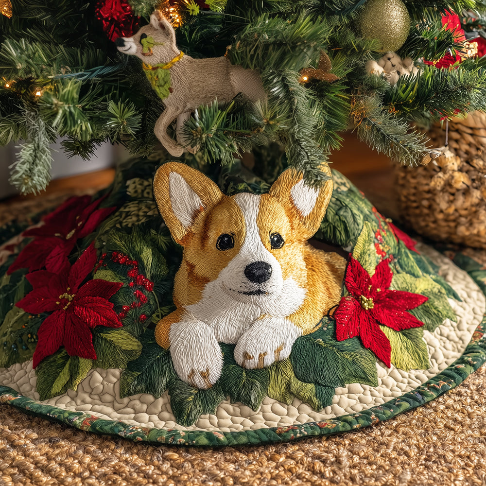 Poinsettia Corgi Cove Christmas Quilted Tree Skirt NCU0TH3651