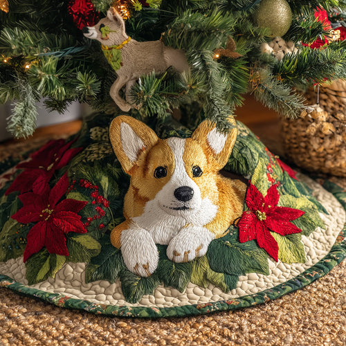 Poinsettia Corgi Cove Christmas Quilted Tree Skirt NCU0TH3651