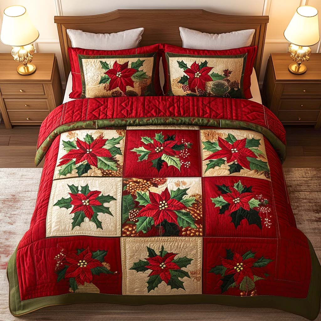Poinsettia Elegance 3-Piece Quilted Bedding Set NCU0NT2324