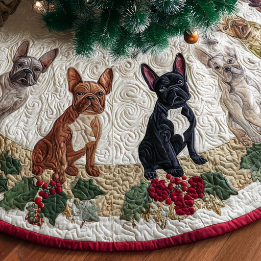 Poinsettia Frenchie Paws Quilted Christmas Tree Skirt NCU0DV7964