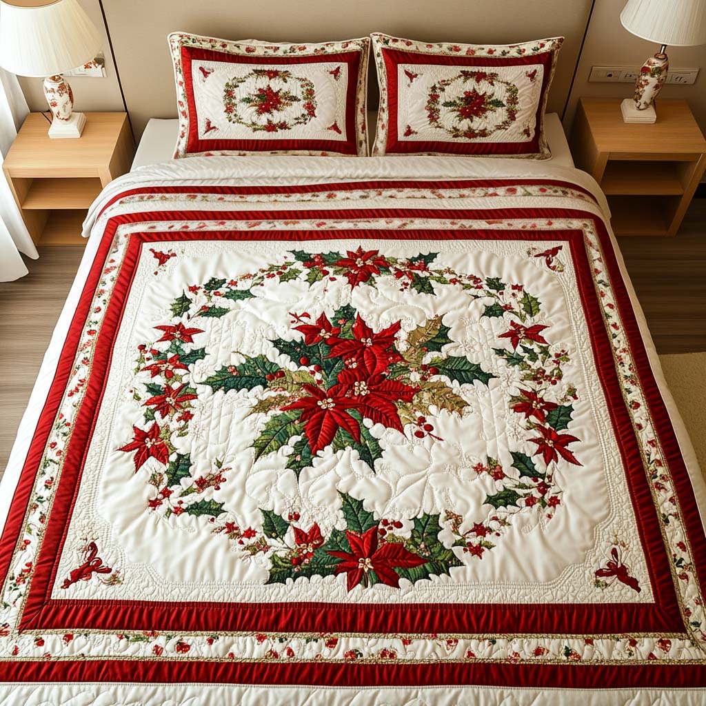 Poinsettia Spirit 3-Piece Quilted Bedding Set NCU0NT1733