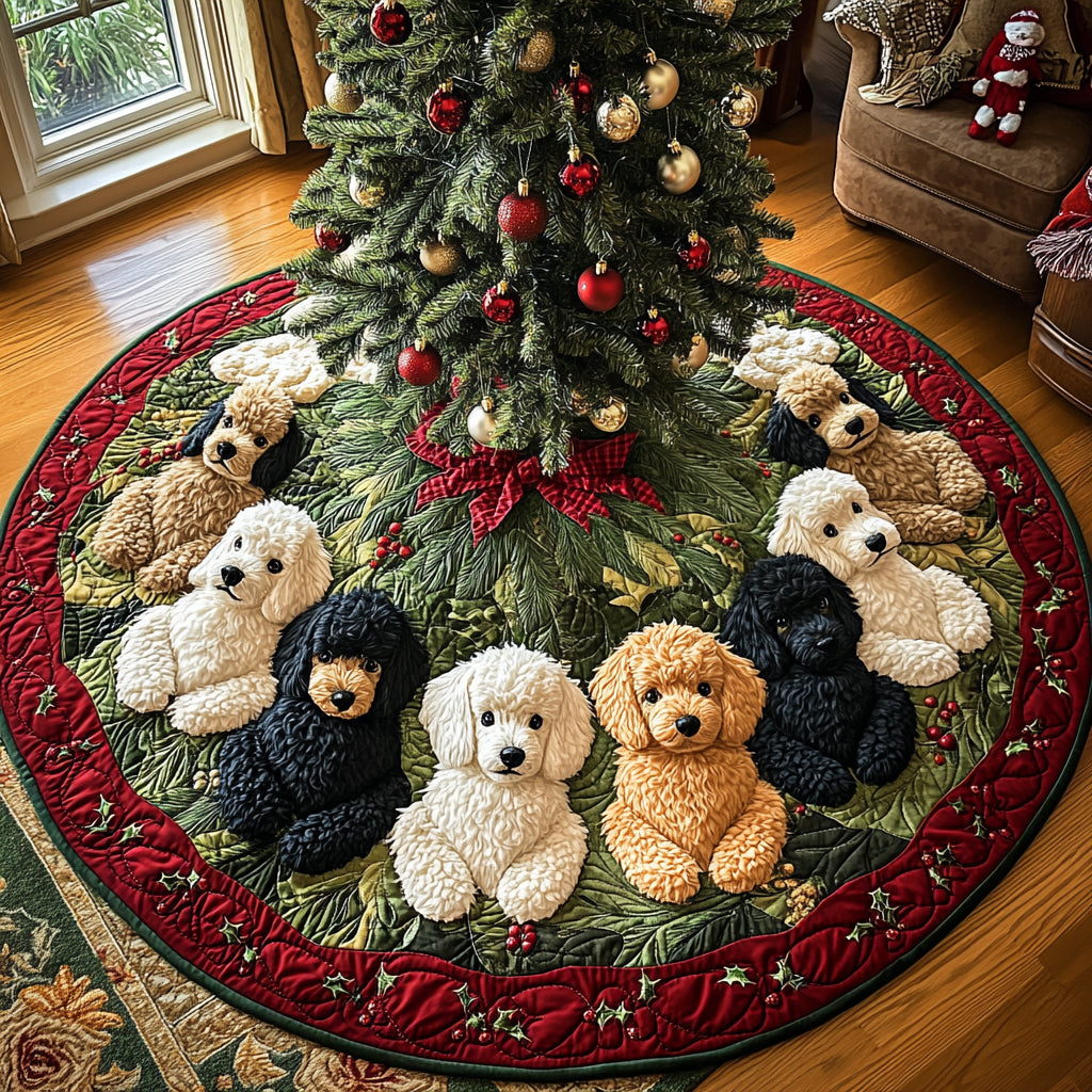 Poodle Christmas Eve Quilted Christmas Tree Skirt NCU0DV8083