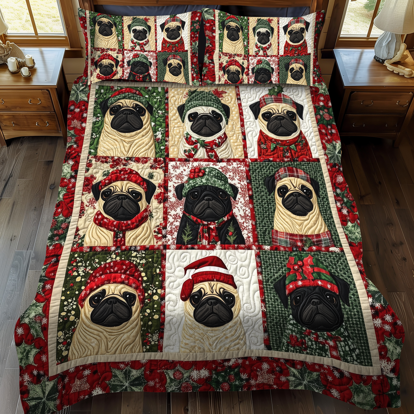Pug Winter Wishes 3-Piece Quilted Bedding Set NCU0VL591