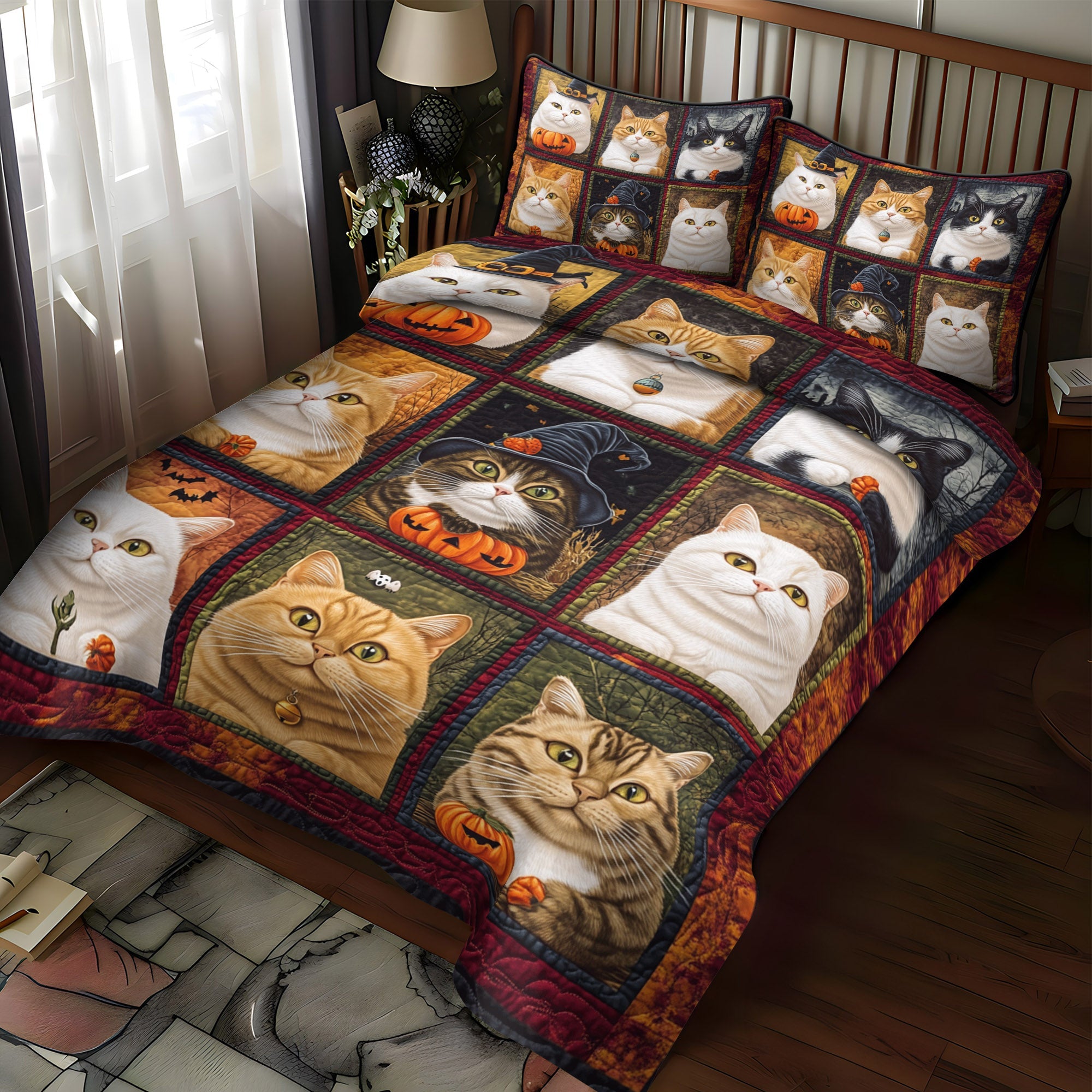 Autumn Pugs 3-Piece Quilted Bedding Set NCU0VL302