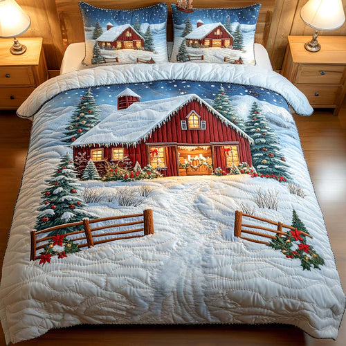 Red Barn Christmas Eve 3-Piece Quilted Bedding Set NCU0NT1915
