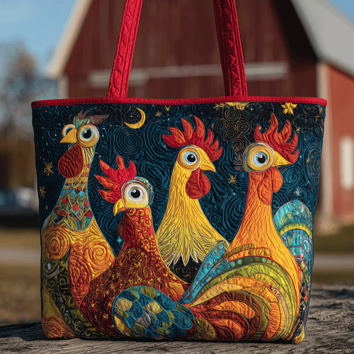 Rooster Gathering Quilted Tote Bag NCU0TH2836