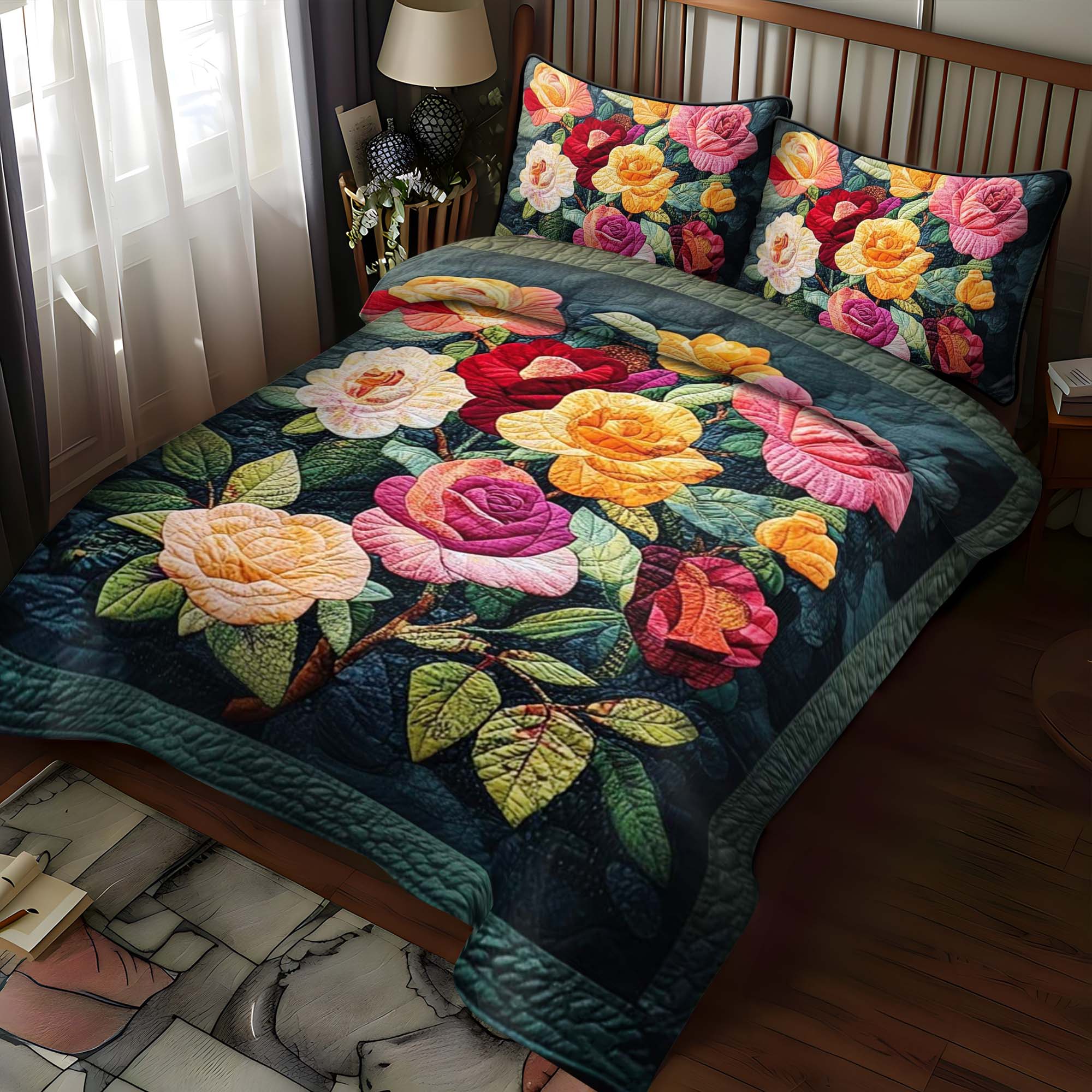 Twilight Butterfly Rose 3-Piece Quilted Bedding Set NCU0PVL036