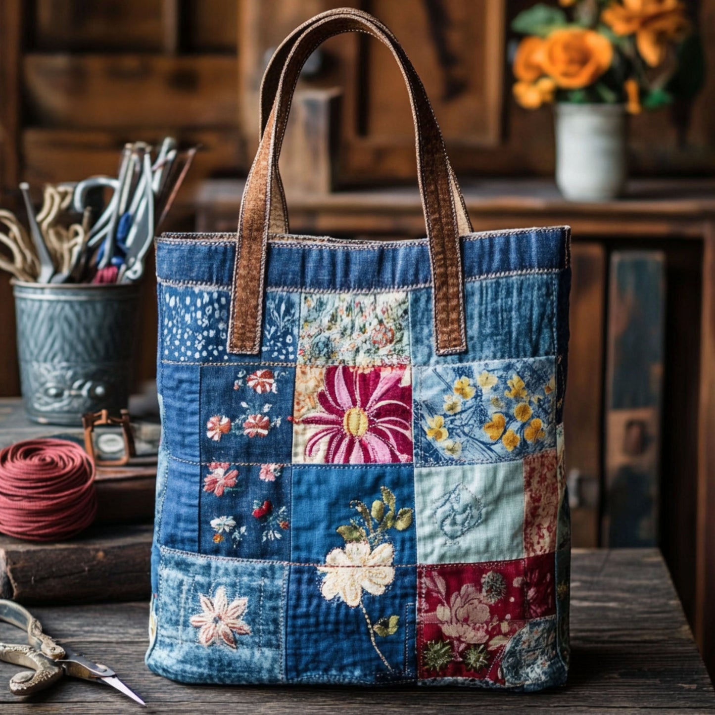 Rustic Floral Patchwork Quilted Tote Bag NCU0PT7911