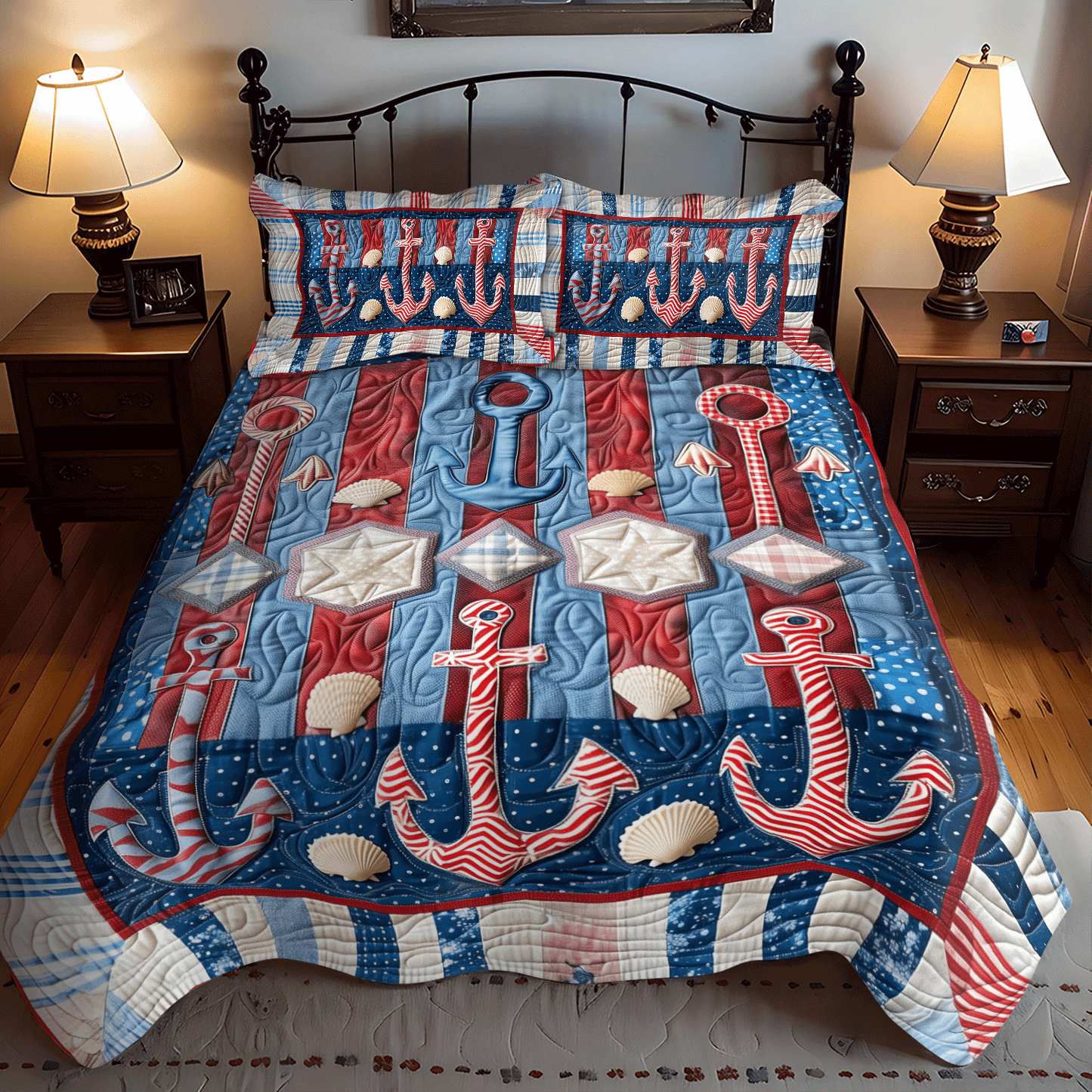 Seafarer Anchors 3-Piece Quilted Bedding Set NCU0TH1219
