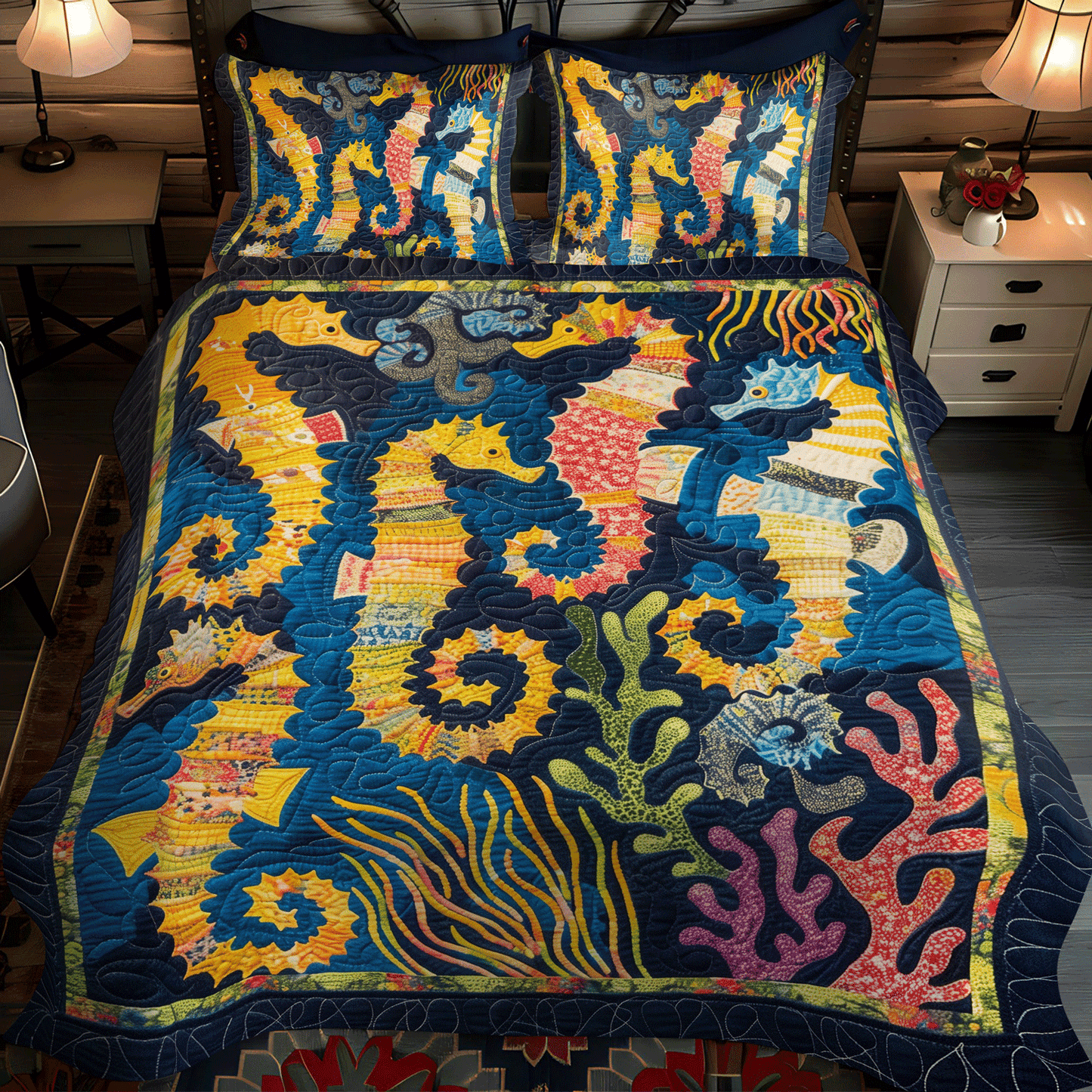 Seahorse Coral 3-Piece Quilted Bedding Set NCU0TH1262
