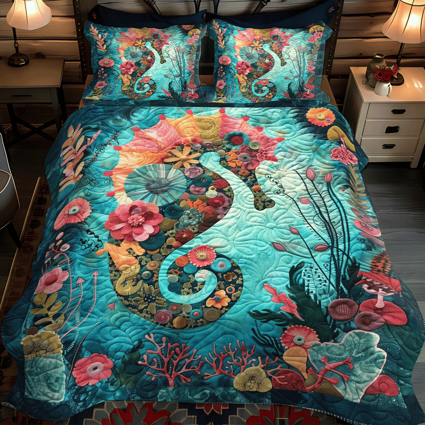 Seahorse in Bloom 3-Piece Quilted Bedding Set NCU0TH1270