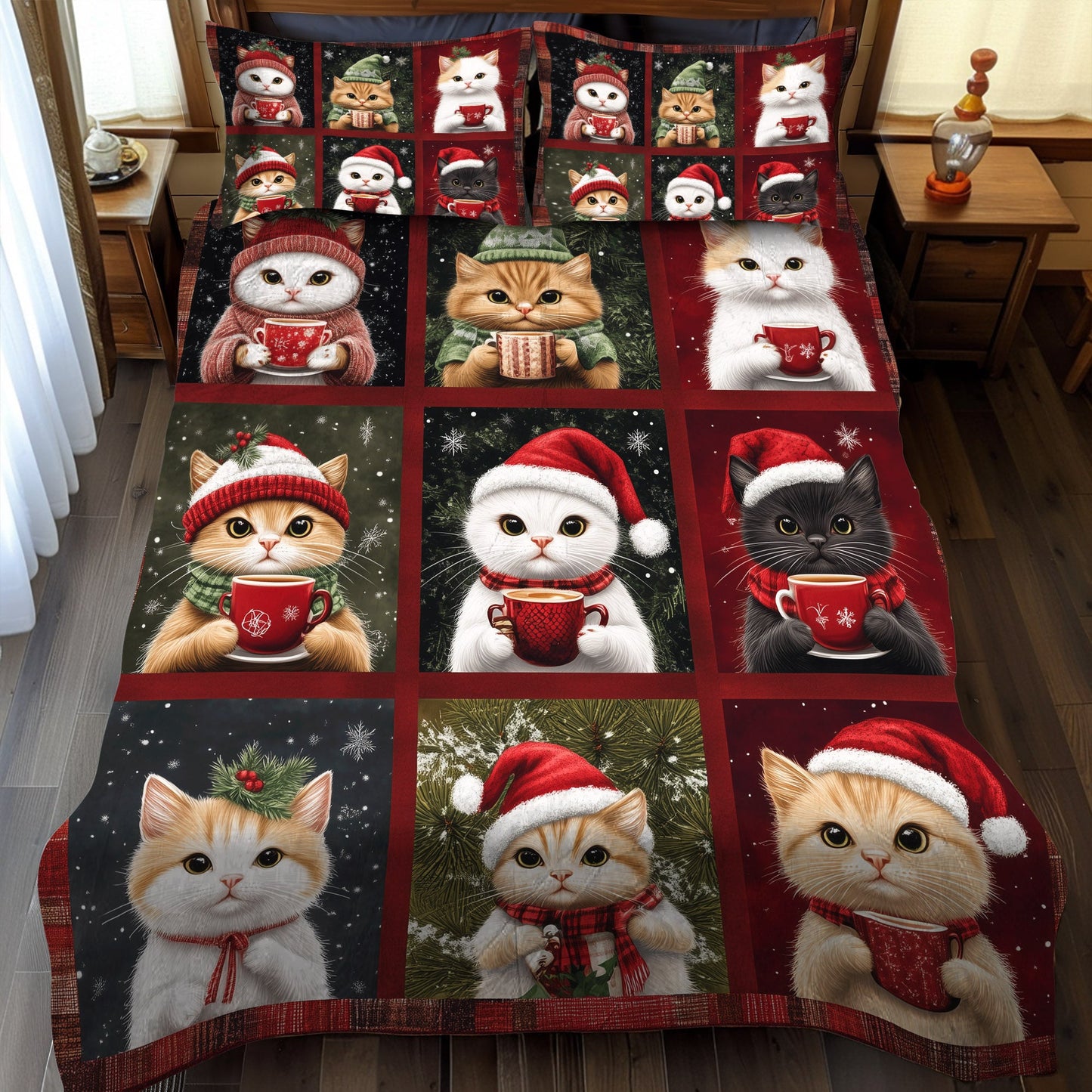 Snuggly Cat Sips 3-Piece Quilted Bedding Set NCU0TL1181