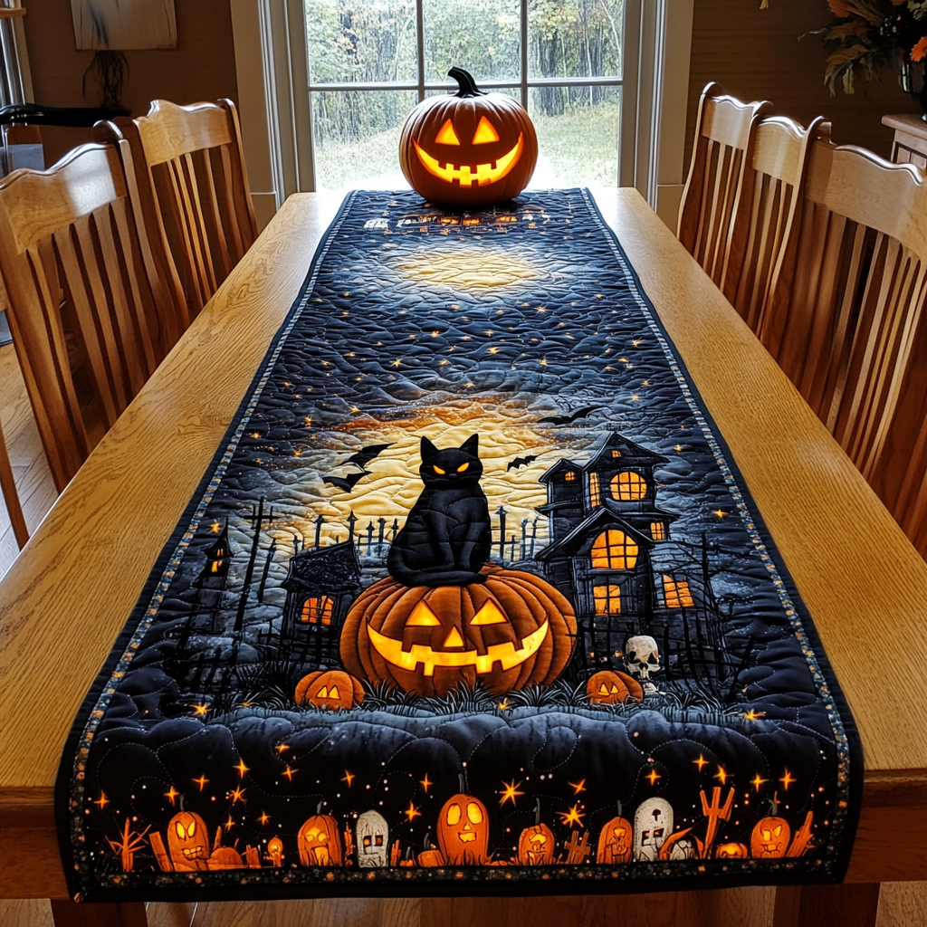 Spook-tacular Black Cat Quilted Table Runner NCU0PD441 – Vantique