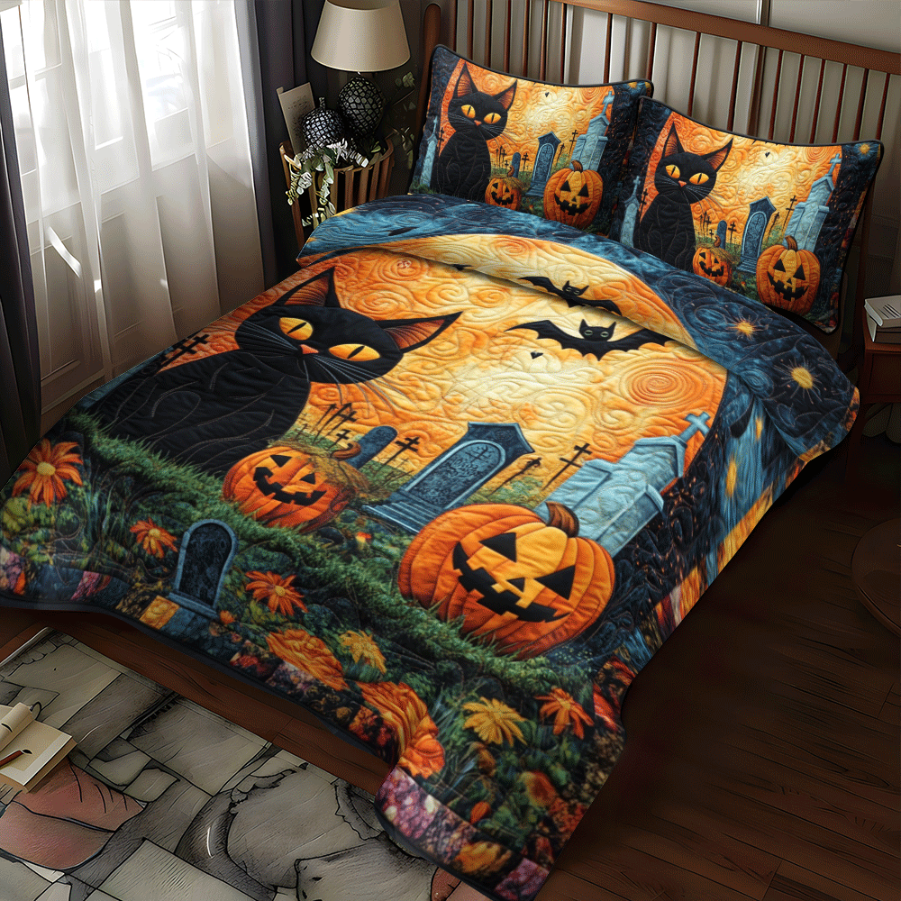 Spooky Halloween Cat 3 Piece Quilted Bedding Set NCU0PD632 Vantique