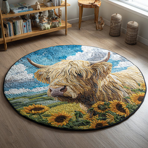 Sunflower Highland Cow Quilted Round Mat NCU0HH030