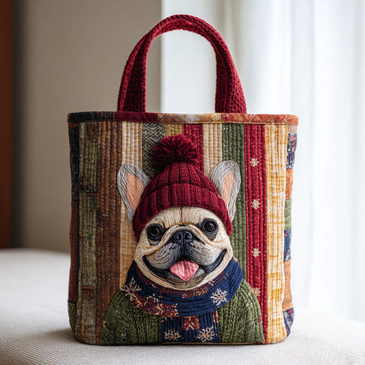 Winter Bulldog Quilted Tote Bag NCU0HH290