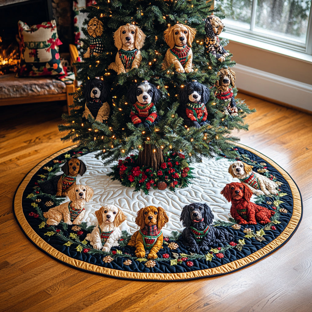 Winter Spaniel Dreams Christmas Quilted Tree Skirt NCU0DV8197