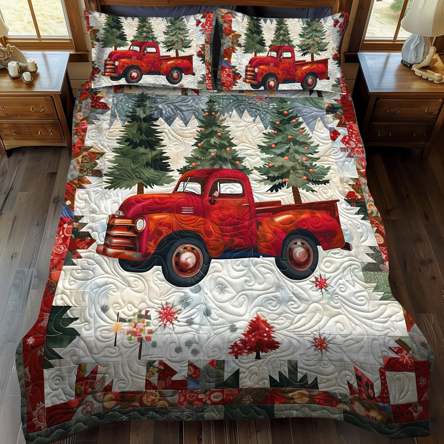 Winter Wonderland Truck 3-Piece Quilted Bedding Set NCU0DV1634