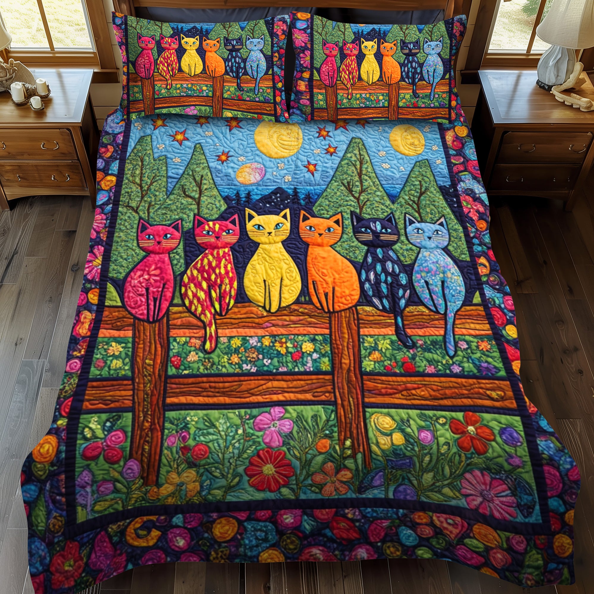 Whimsical Cat 3-Piece Quilted Bedding Set NCU0PD321
