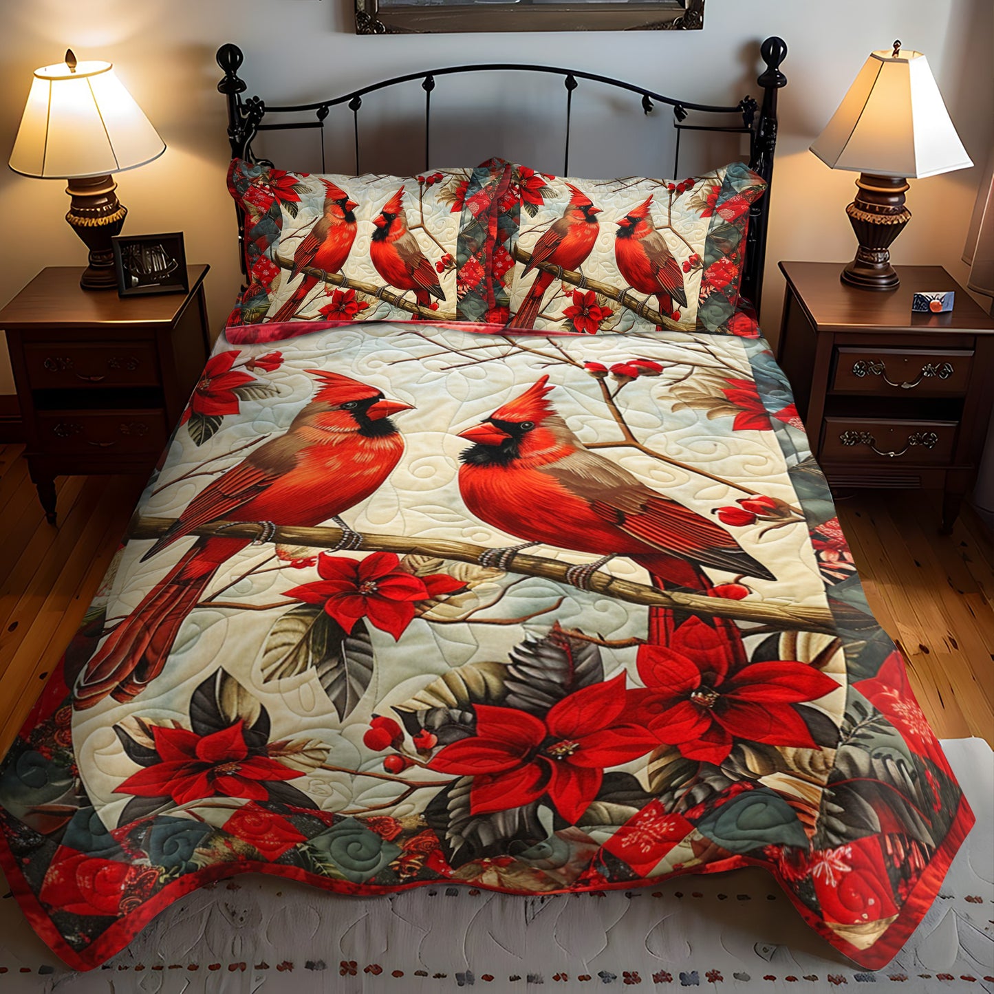 Red Cardinal Winter 3-Piece Quilted Bedding Set NCU0PD202