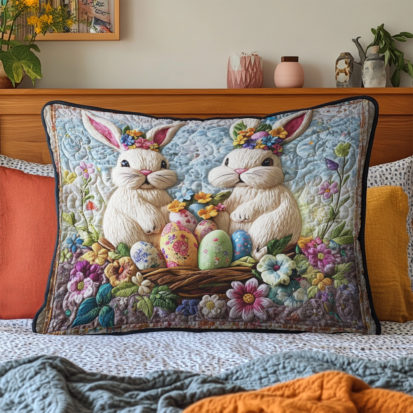 Easter Bunny Pair Quilted Bedding Pillow Case NCU0NT4155